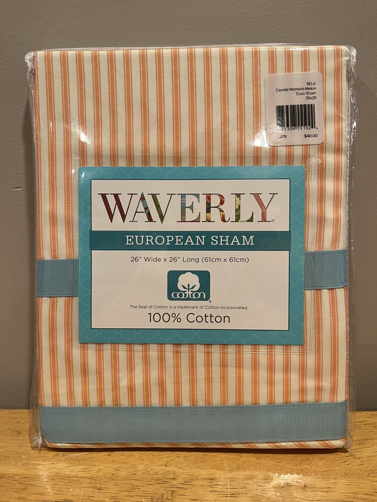 Waverly Candid Moment Melon European Sham Pillow Cover 26x26 New Stripe