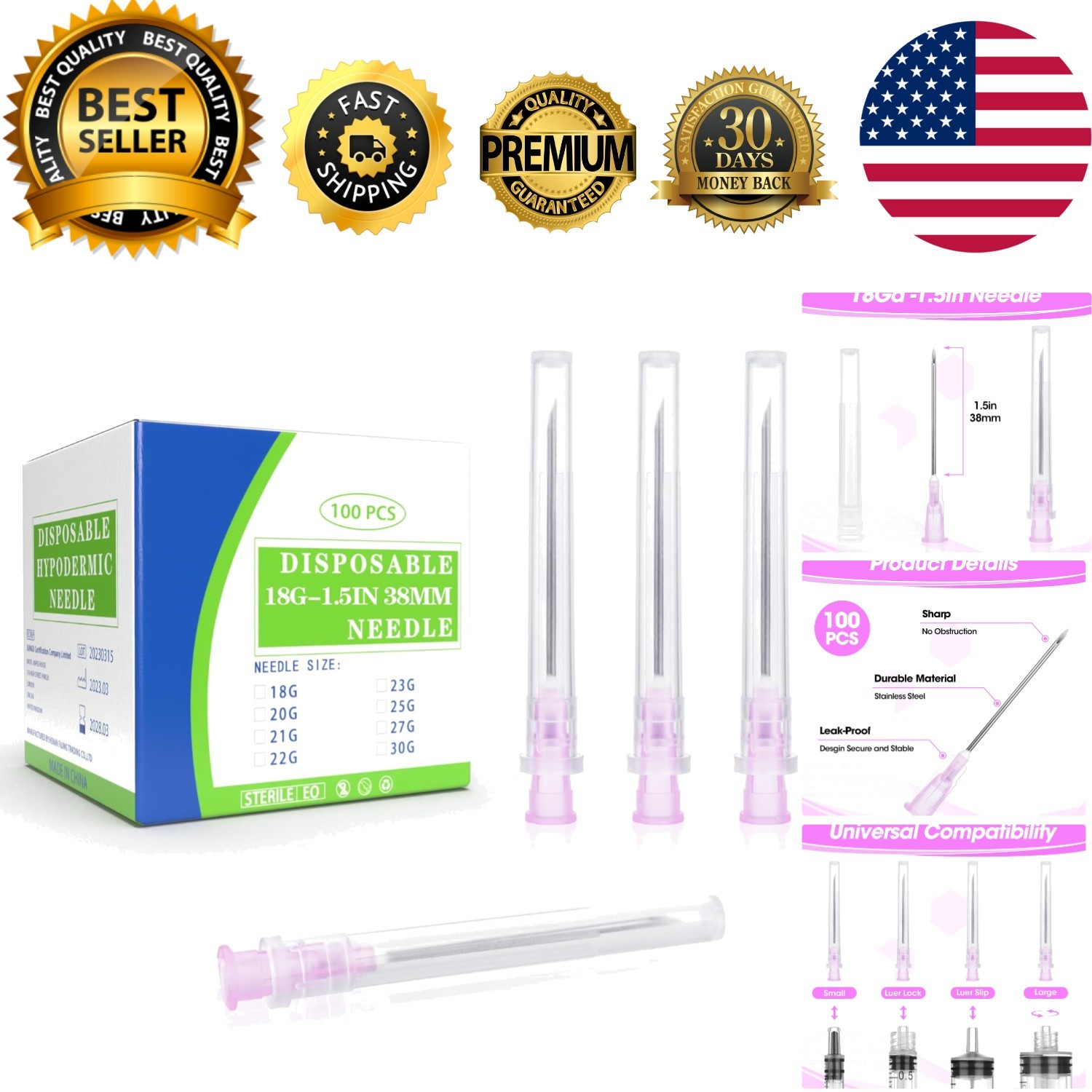 Versatile 18 Gauge Disposable Needles with Caps – Perfect for Scientific Use