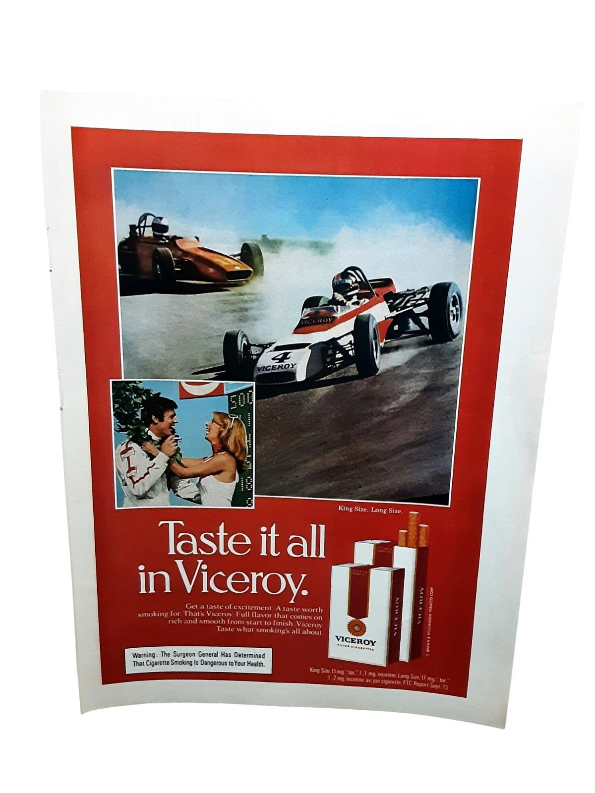 1974 Viceroy Cigarettes Vintage Print Ad Racing Taste It All