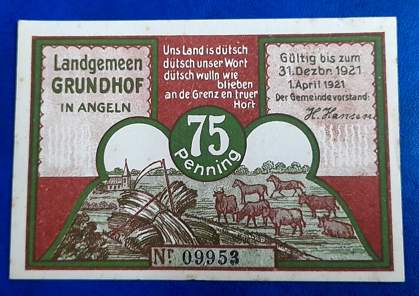 GRUNDHOF ANGELN NOTGELD 75 PFENNIG 1921 EMERGENCY MONEY GERMANY BANKNOTE (29707)