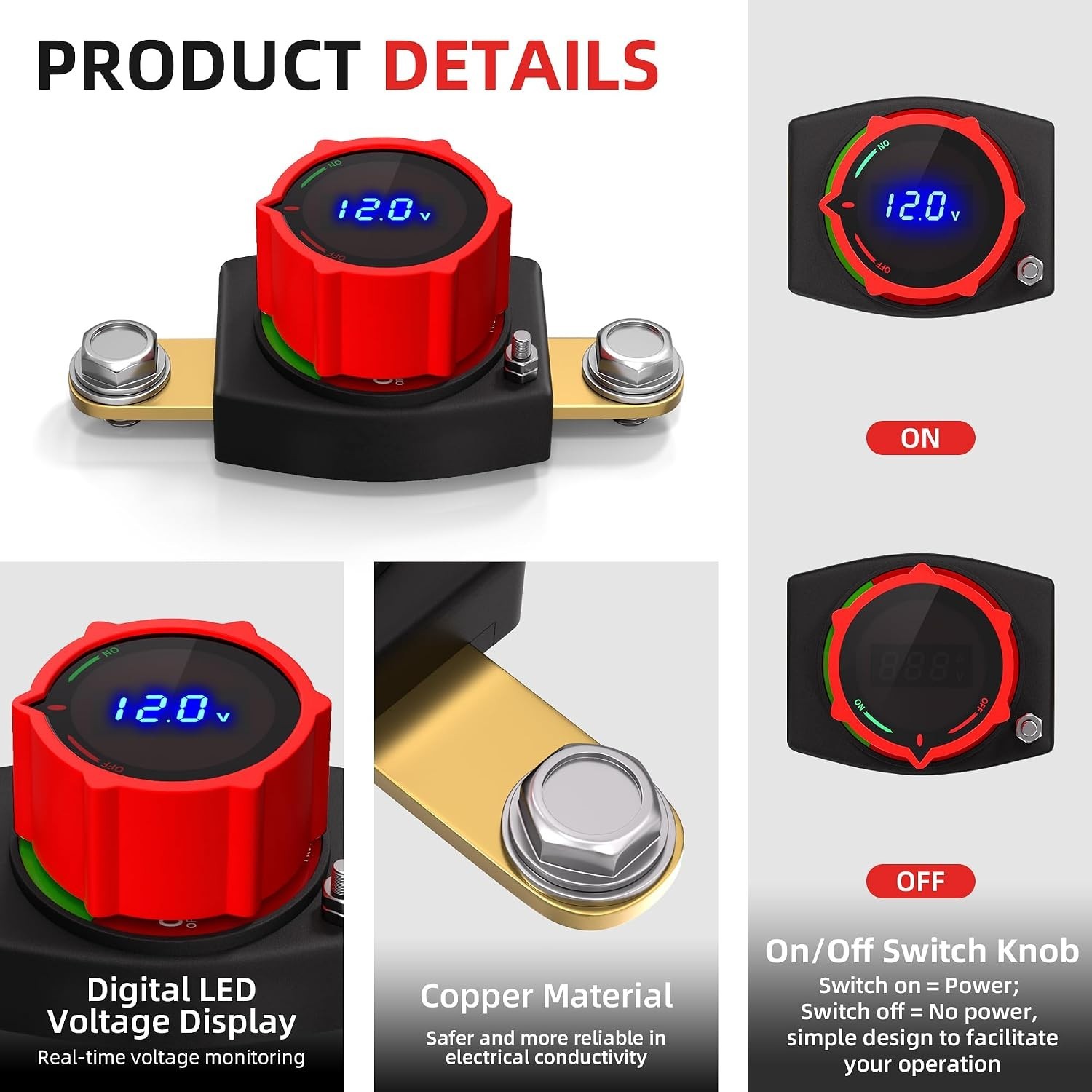 Side Post Battery Disconnect Switch 12V-48V with Led Voltmeter Display, DC 5-...