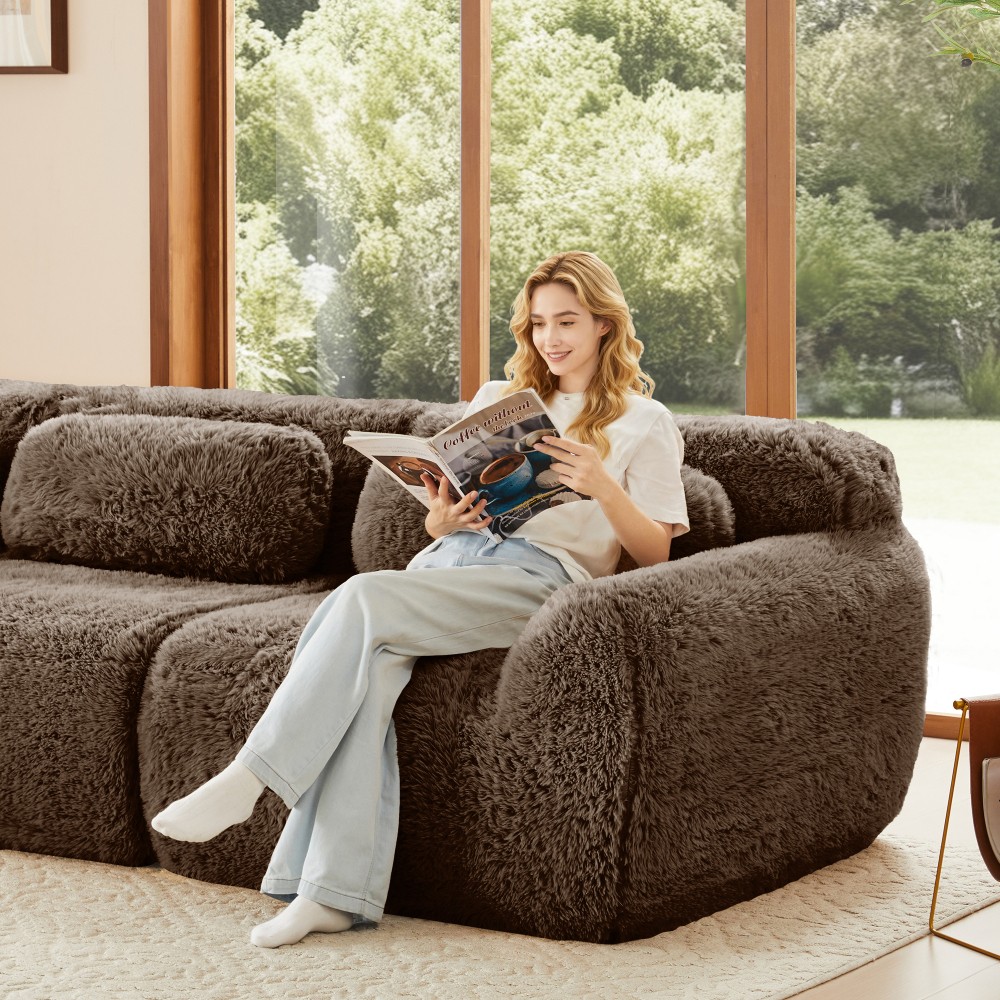 114'' Plush Modular Sectional Sofa w/Ottoman & Pillows - Chocolate