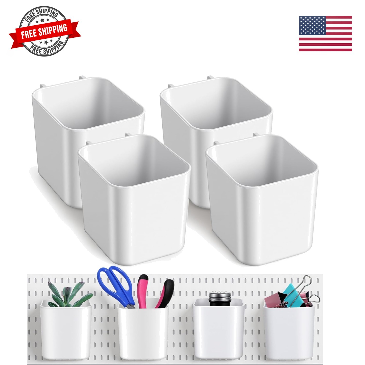 4Pack Pegboard Accessories, Pegboard Cups with Hooks 2.9 x 3.5 x 3.2 Inch Peg...