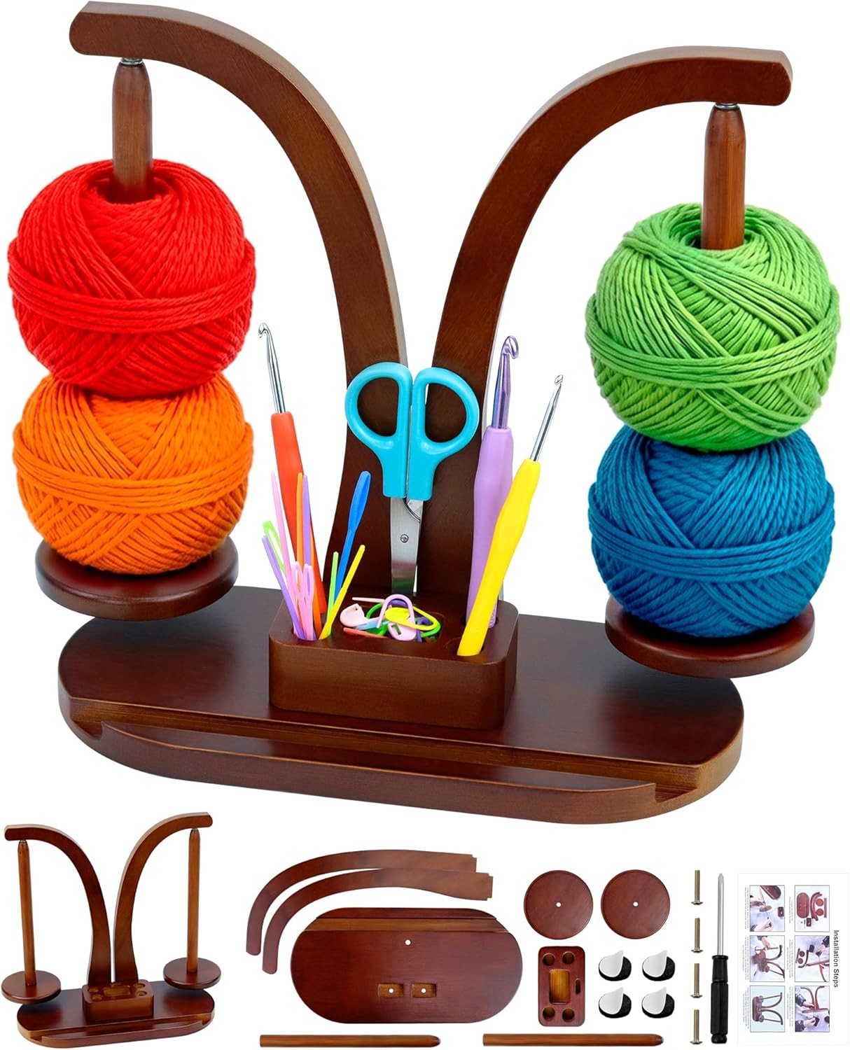 Double Magnetic Yarn Holder Wooden Spinner Walnut