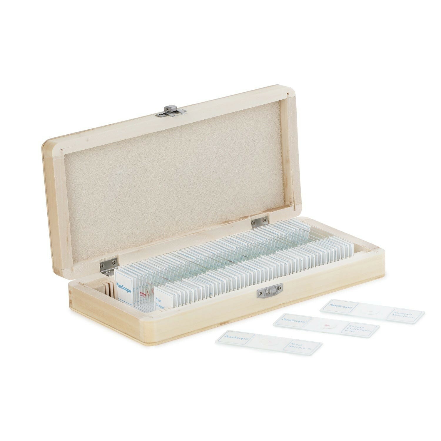Amscope 50pc Prepared Microscope Histology & Pathology Slide Specimens+Wood Case