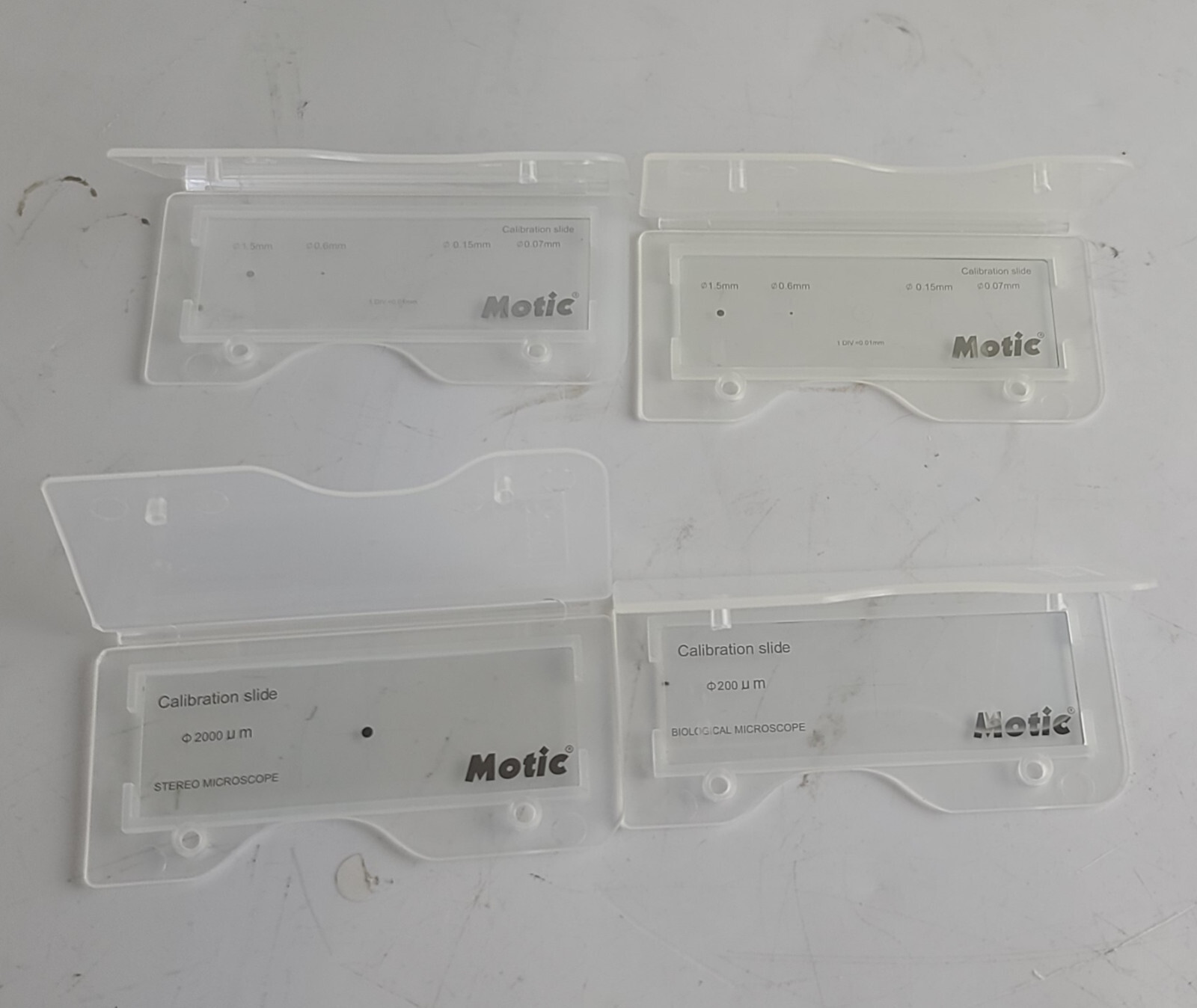 Lot of 4 Motic Calibration Slides 2000um, 200um, 1.5mm 0.6mm