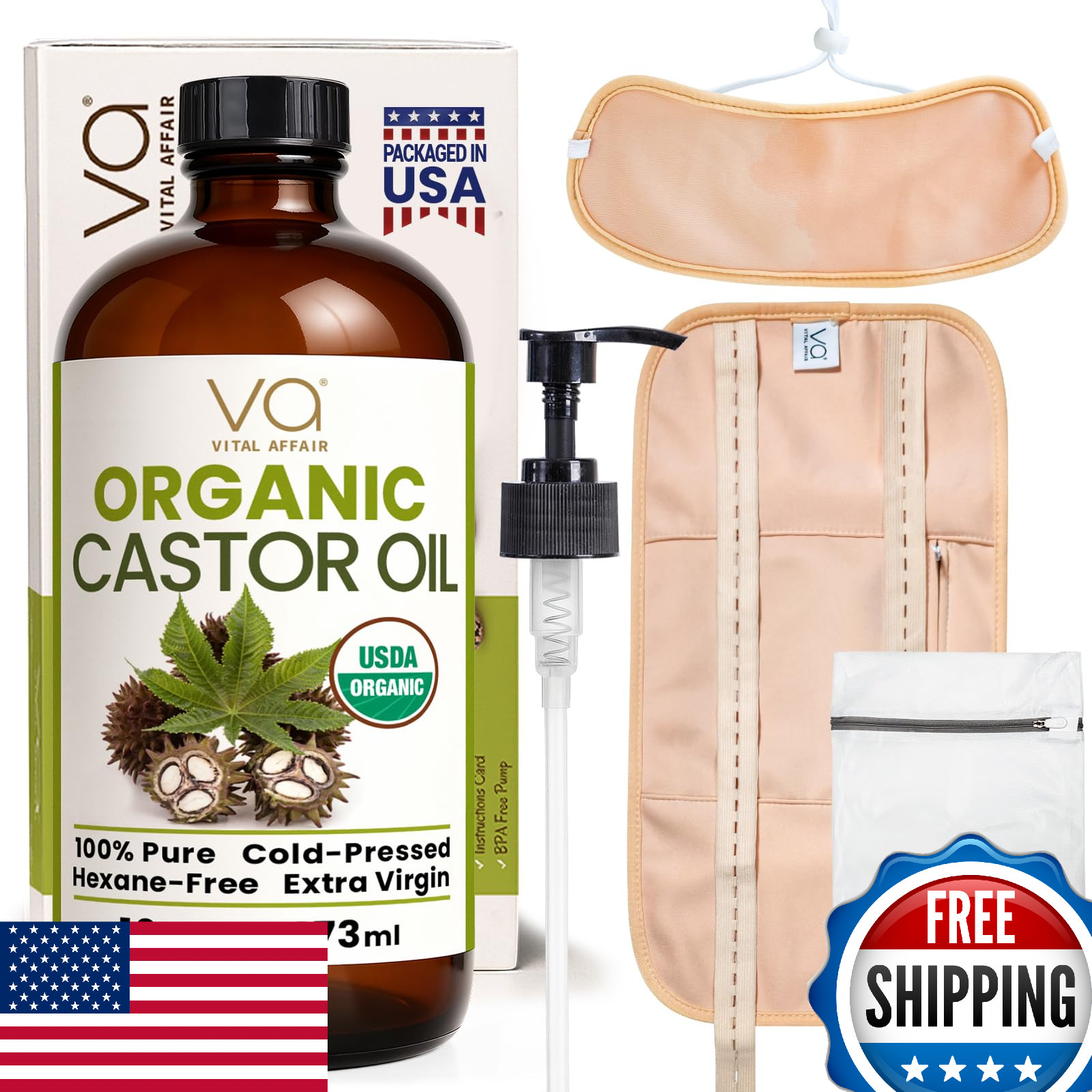 Castor Oil Pack Kit - USDA Organic, 16oz Cold-Pressed Hexane-Free, USA
