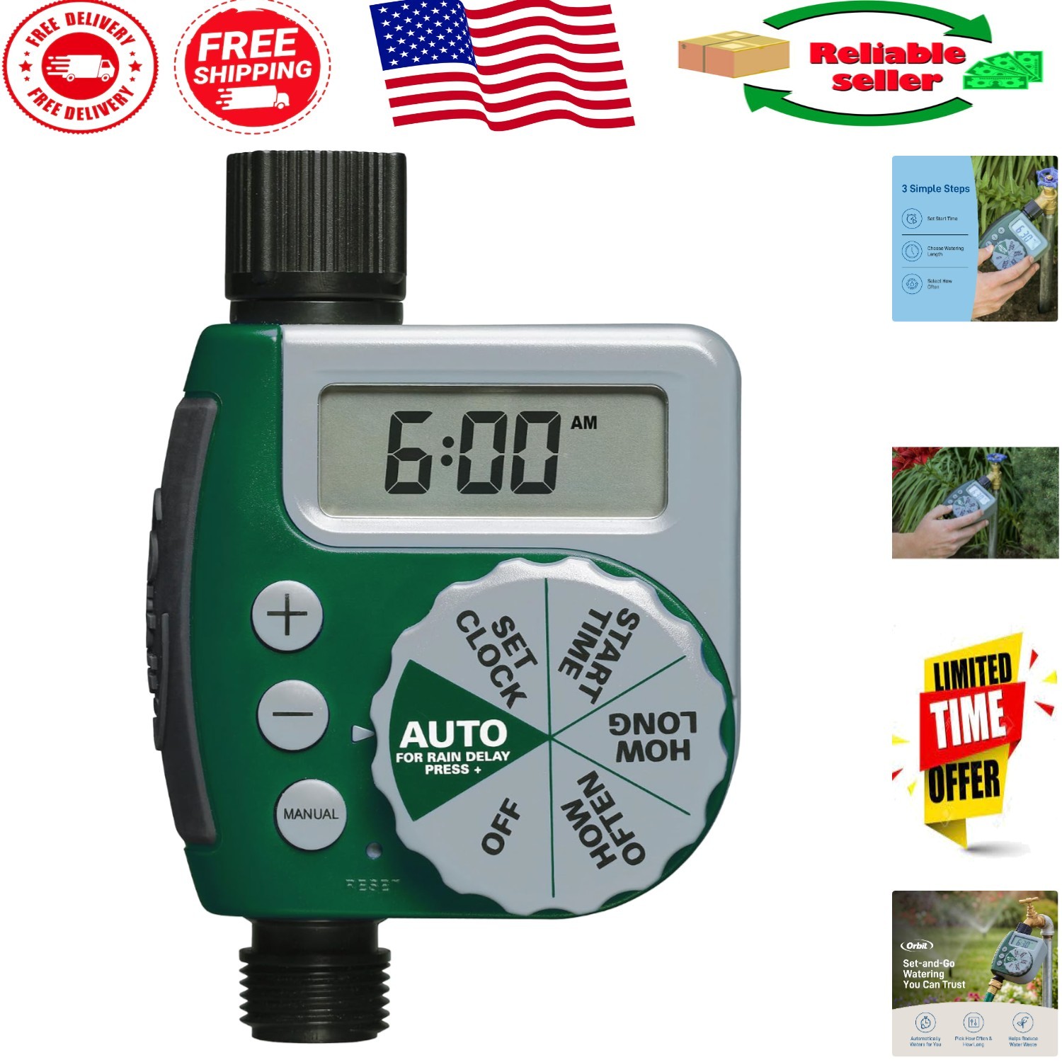 Programmable 1 Outlet Watering Timer with Rain Delay & LCD Screen - Water-Saving