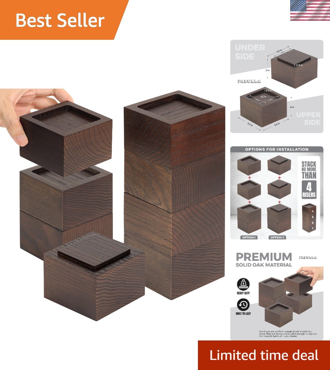 Set of 8 Furniture Risers Lifts Height 2", Oak Solid Wooden Risers for Bed, F...