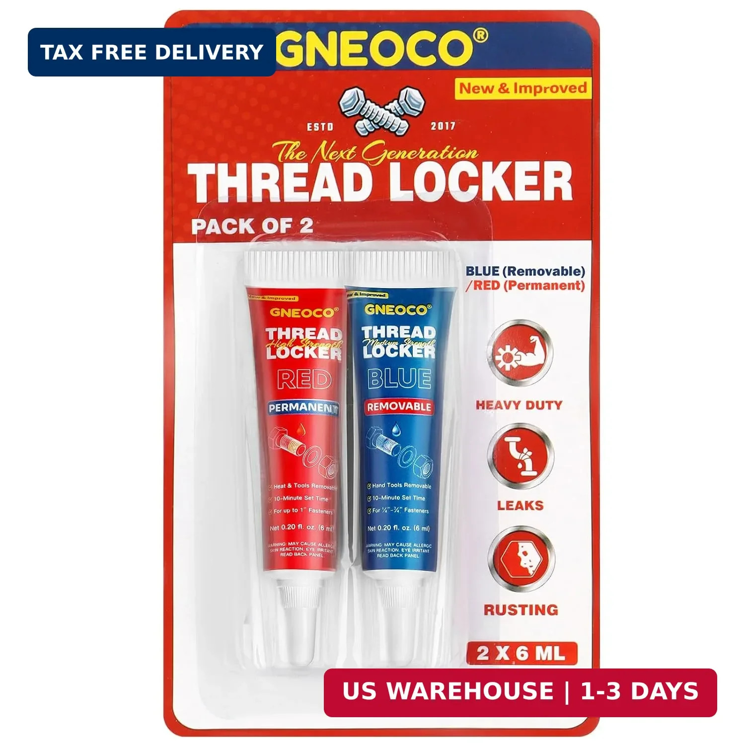 2 Pack Thread Locker Blue and Red 6mlx2 - Medium and Strong StrengthThreadlocker