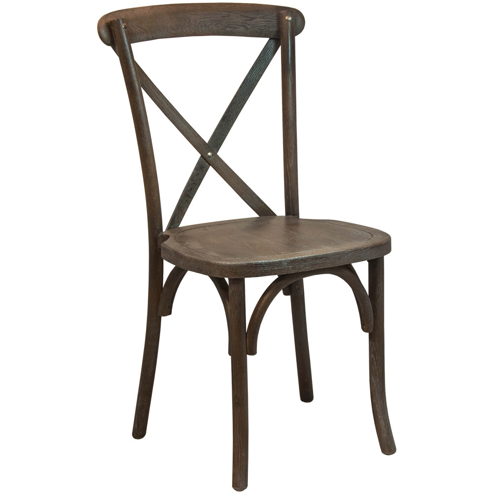 Bistro Style Cross Back Dark Driftwood Wood Stackable Restaurant Dining Chair