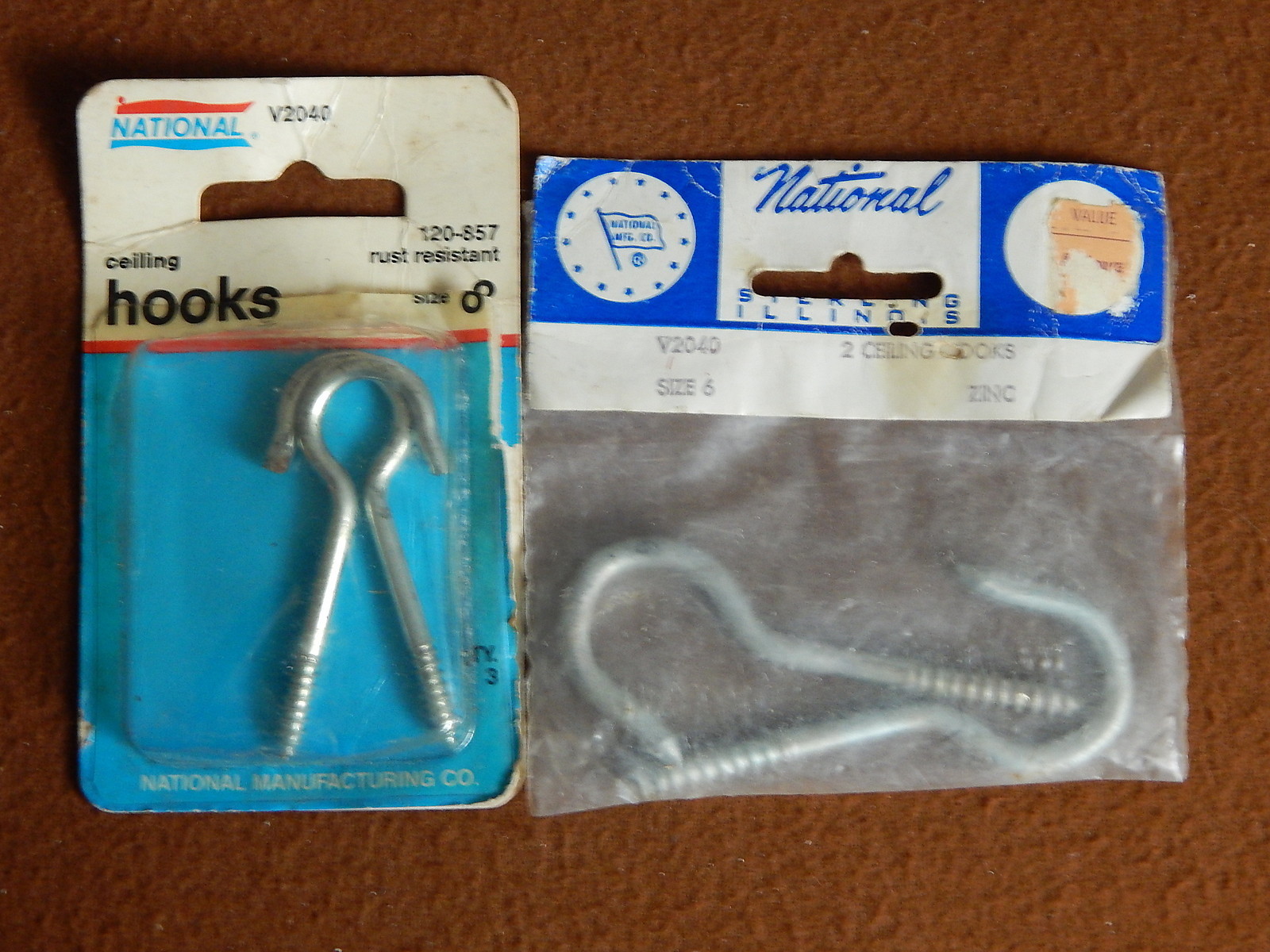 NATIONAL Ceiling Hooks (2) Zinc Hooks size 6 = 2-9/16" & (2) size 8 = 3-3/8" NOS