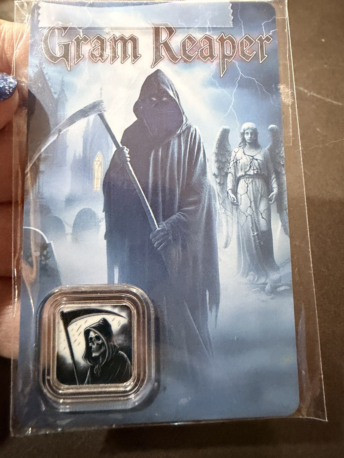Gram Reaper 1g 999 Colorized Silver Bar in Gothic Theme  GRIM REAPER - FREE SHIP