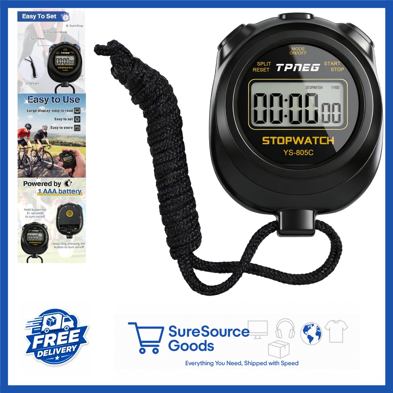 Black Stopwatch Timer with Large Screen, Easy Setup for Sports and Classroom