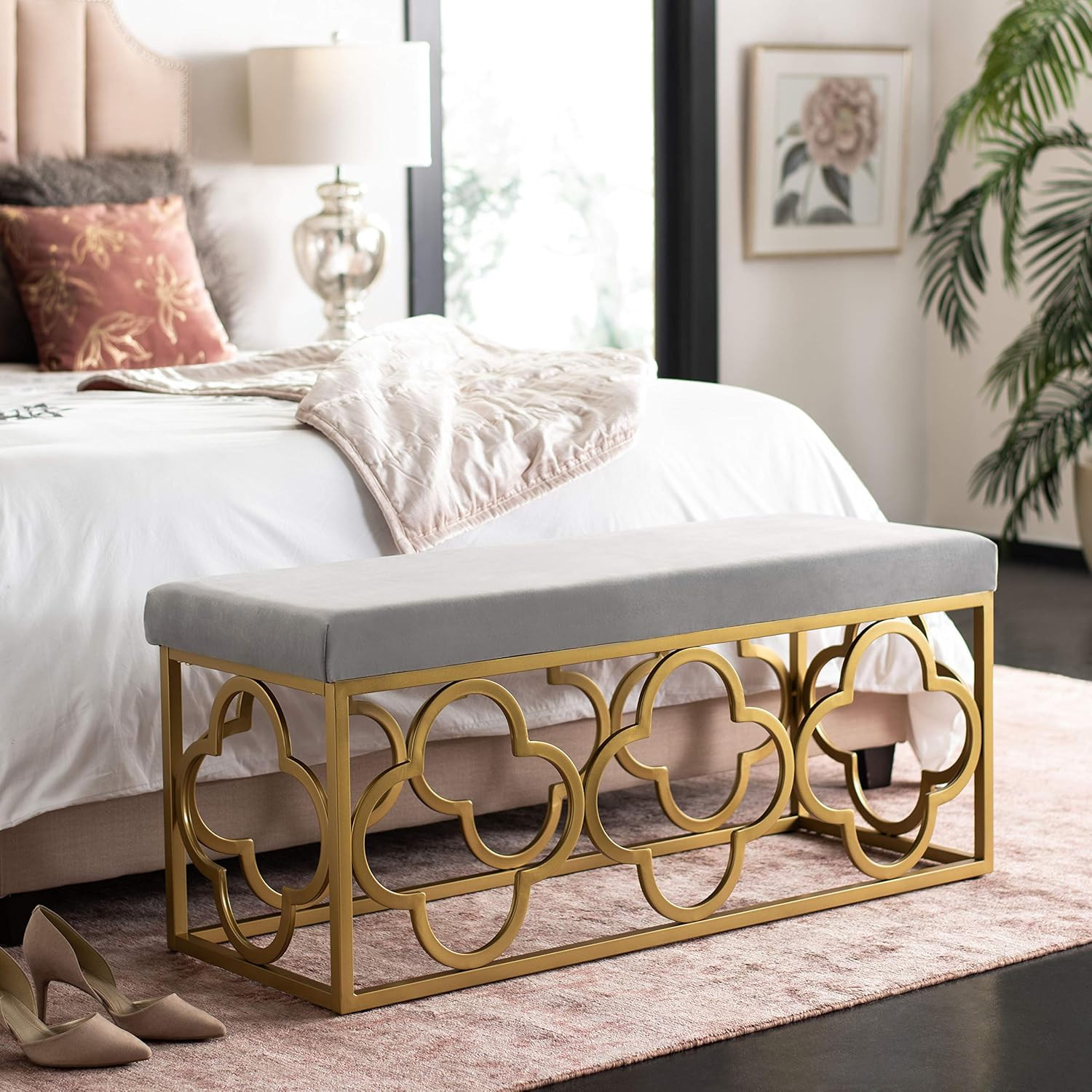 Glam Grey Velvet & Gold 45-Inch Rectangle Bench for Stylish Home Decor