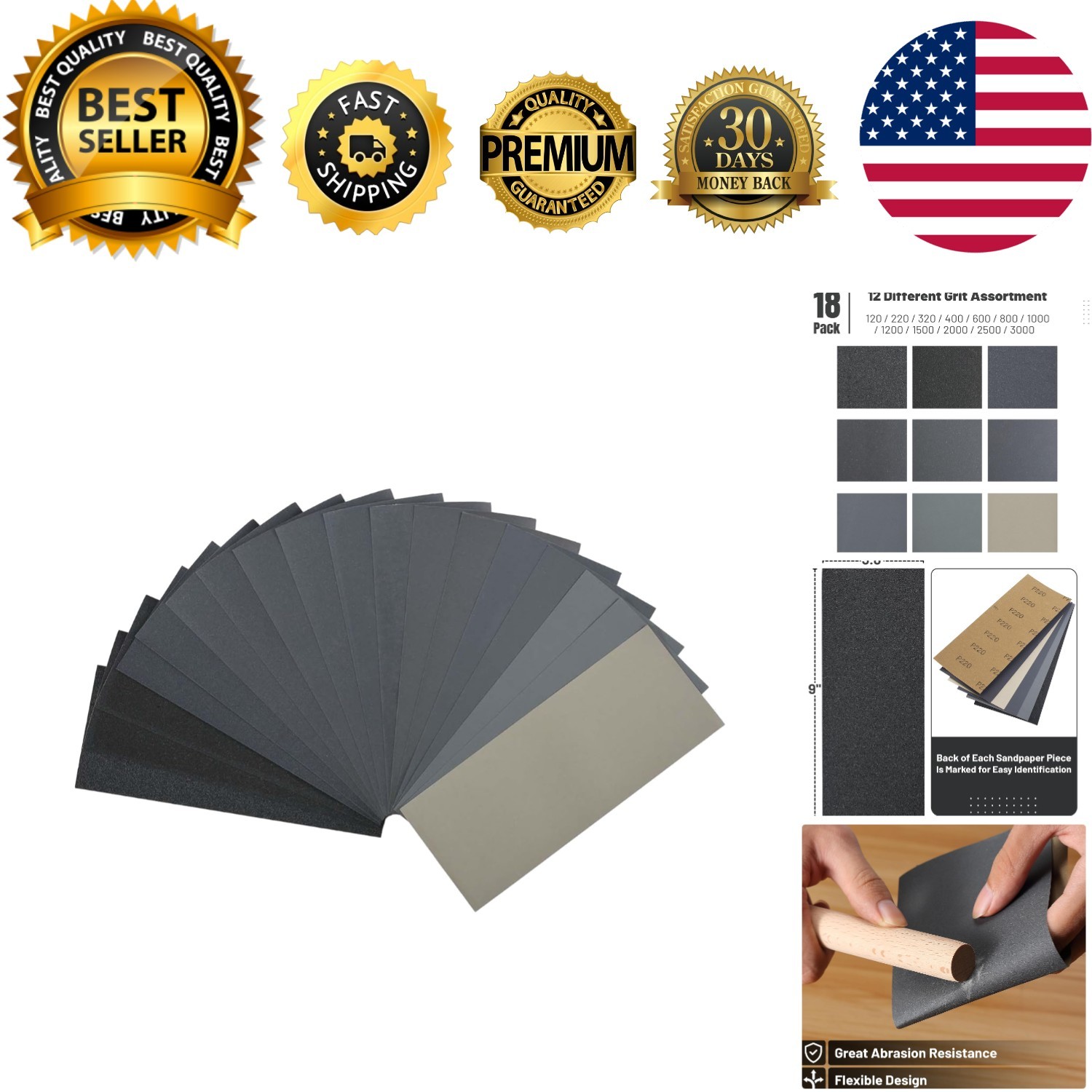 Durable 18 Pack Sandpaper - 12 Grits for Automotive, Wood, and Glass Finishing