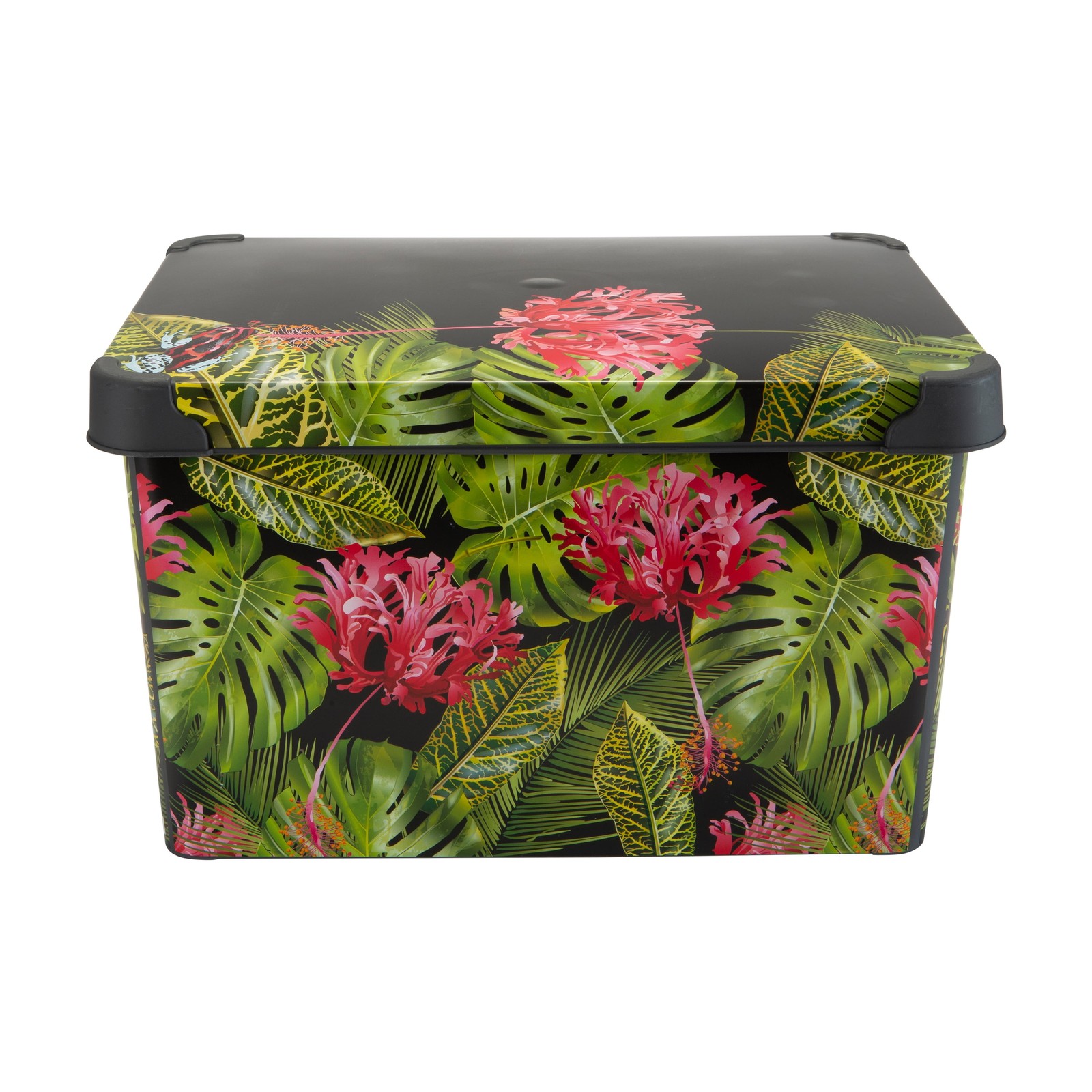 2 Pack Tropical Leaf Print Design Plastic Storage Bin, Black