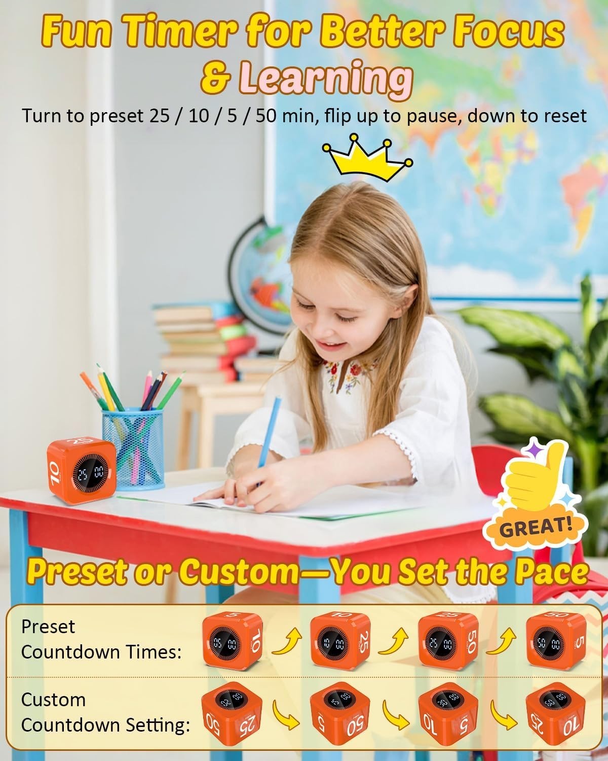 Digital Pomodoro Timer Cube 5/10/25/50min, Visual Productivity Flip Timer for...