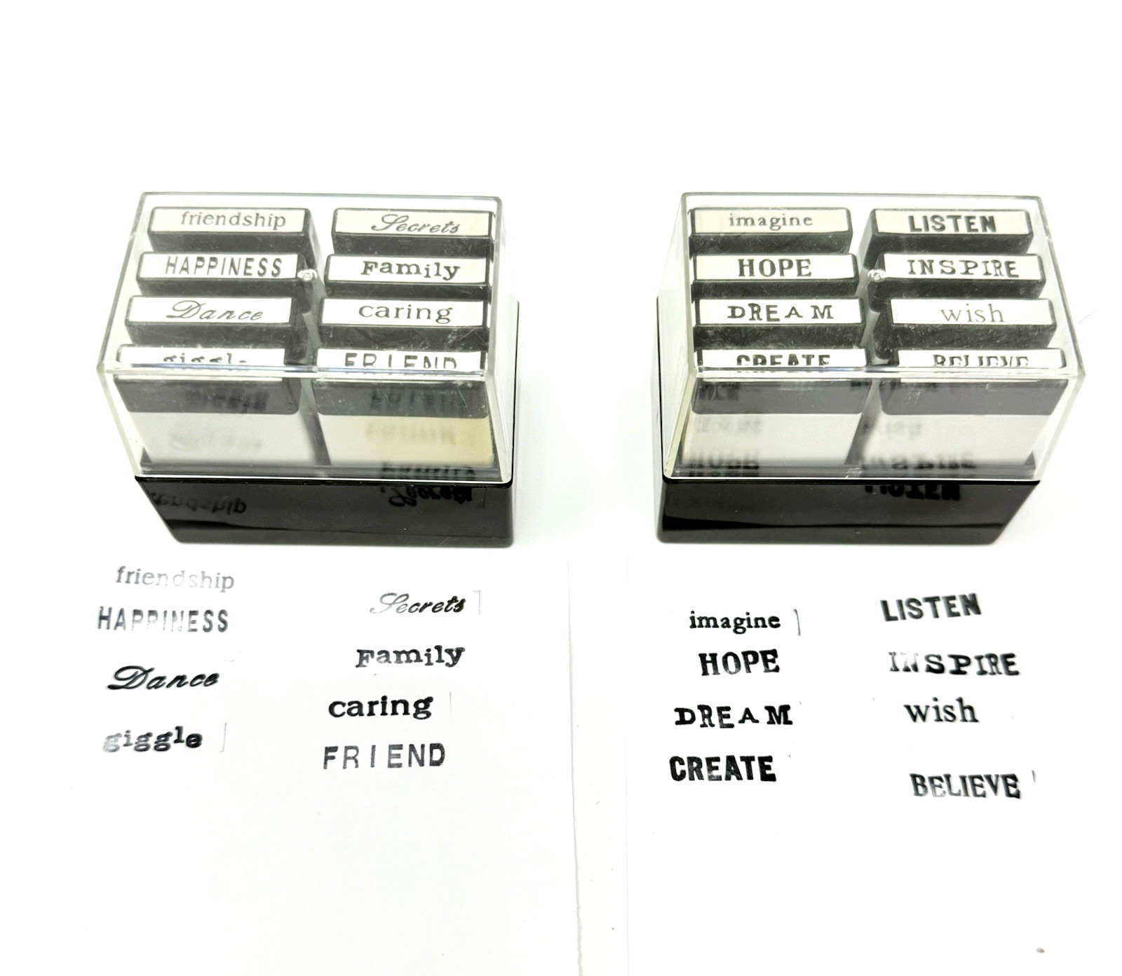 Set of 2 Self Inking Stamp Sets Sentiments 16pc ttl Imagine Hope Family Wish etc