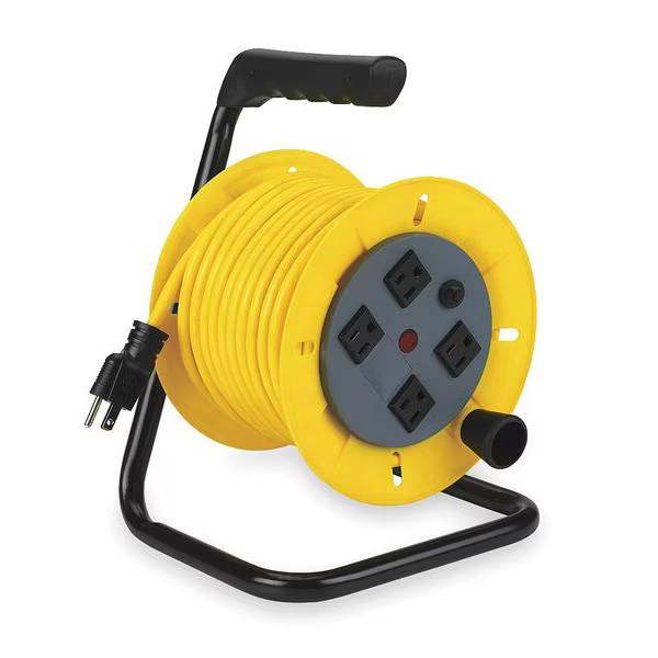 Cord Reel w/ Hand , Hand Operated, NEMA 5-15P, 14 AWG, Yellow Reel, 40 ft L