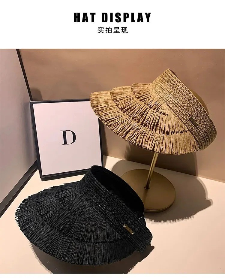 Women Designer Straw Sun Hat Fringe Wide Brim UV Protection Beach Summer Hat