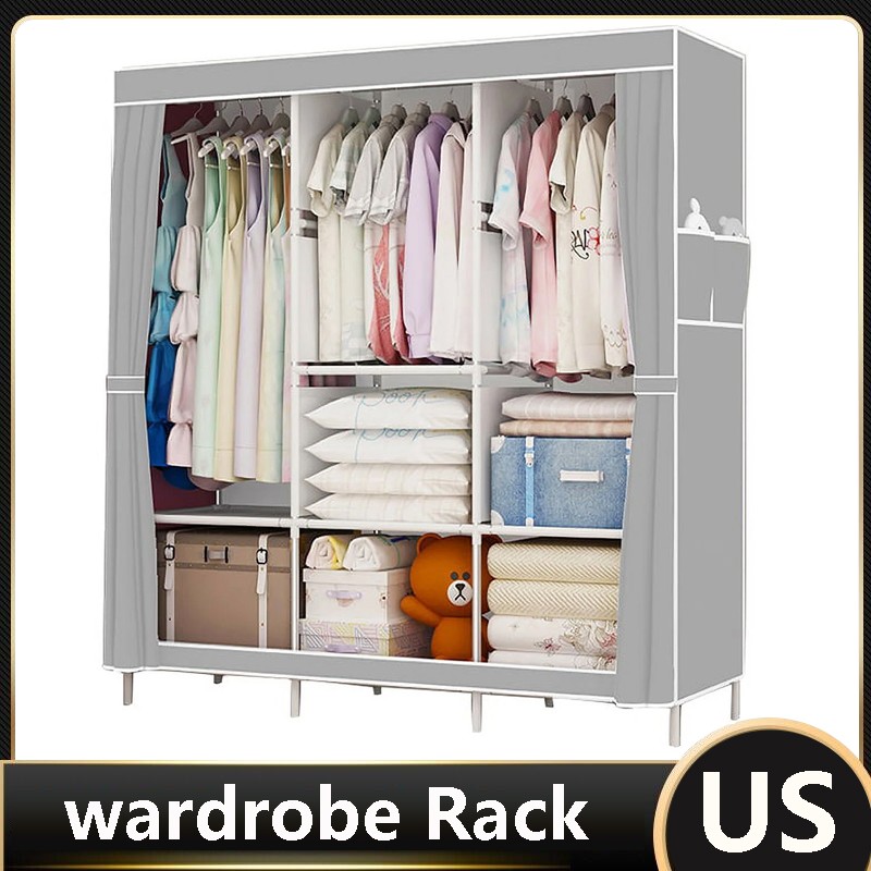 Wardrobe Rack Portable Clothes Storage Closet Storage Shelf Durable w/ Curtain