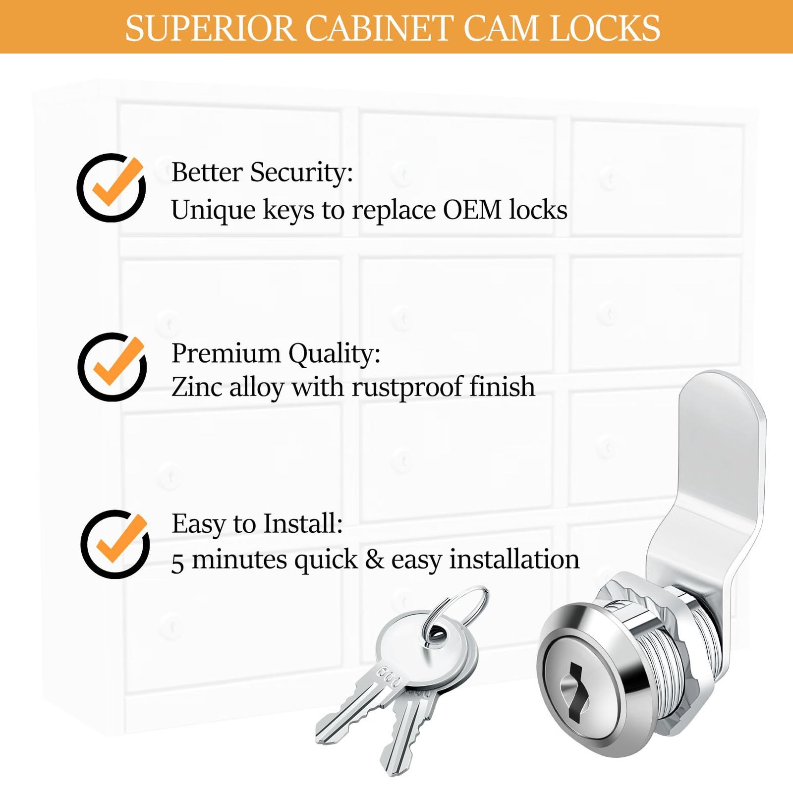 5/8 Cam Locks - 5/8 Diameter Cam Lock Keyed Alike Cabinet Locks Secure Files