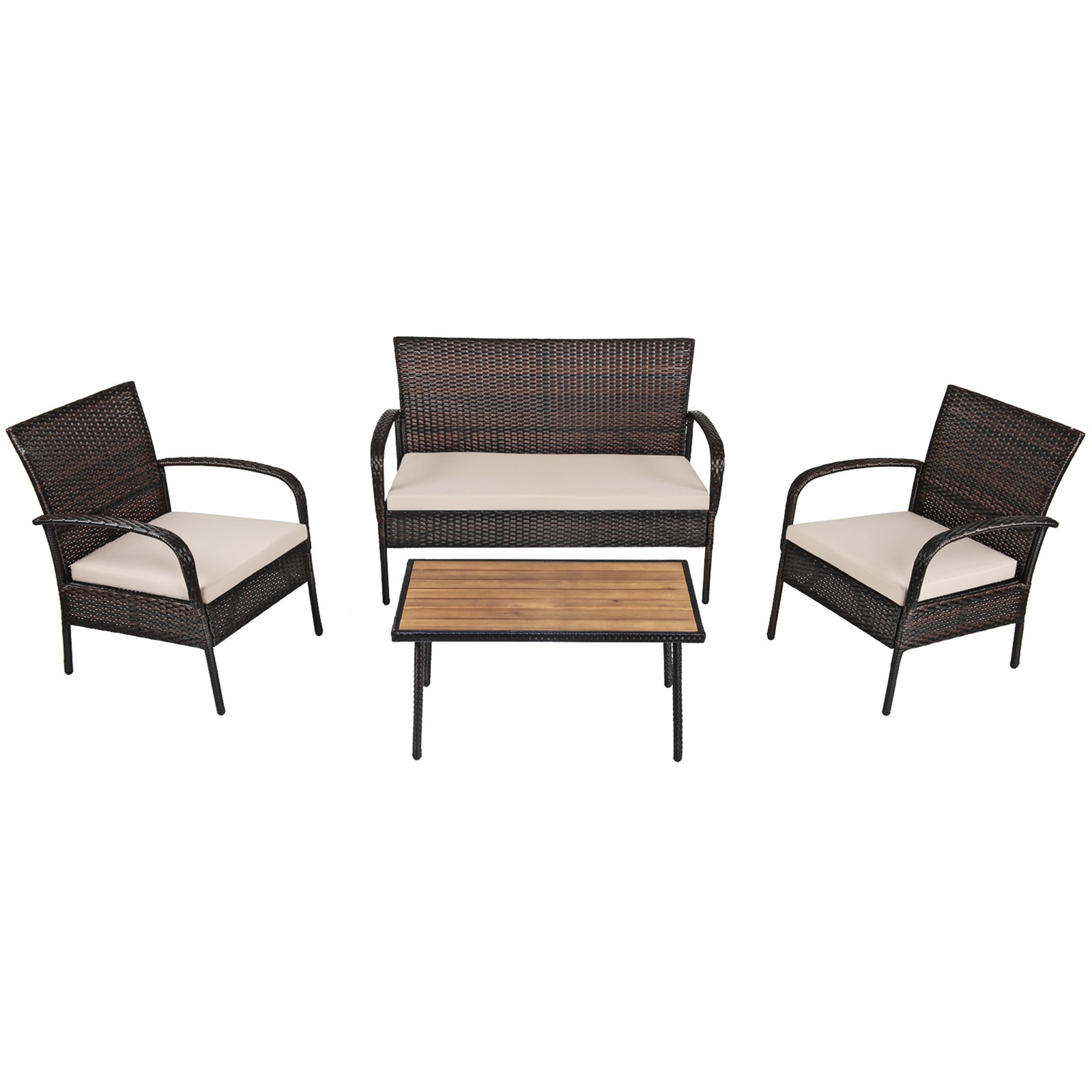 4PCS Cushioned Rattan Patio Conversation Set Outdoor Furniture Set