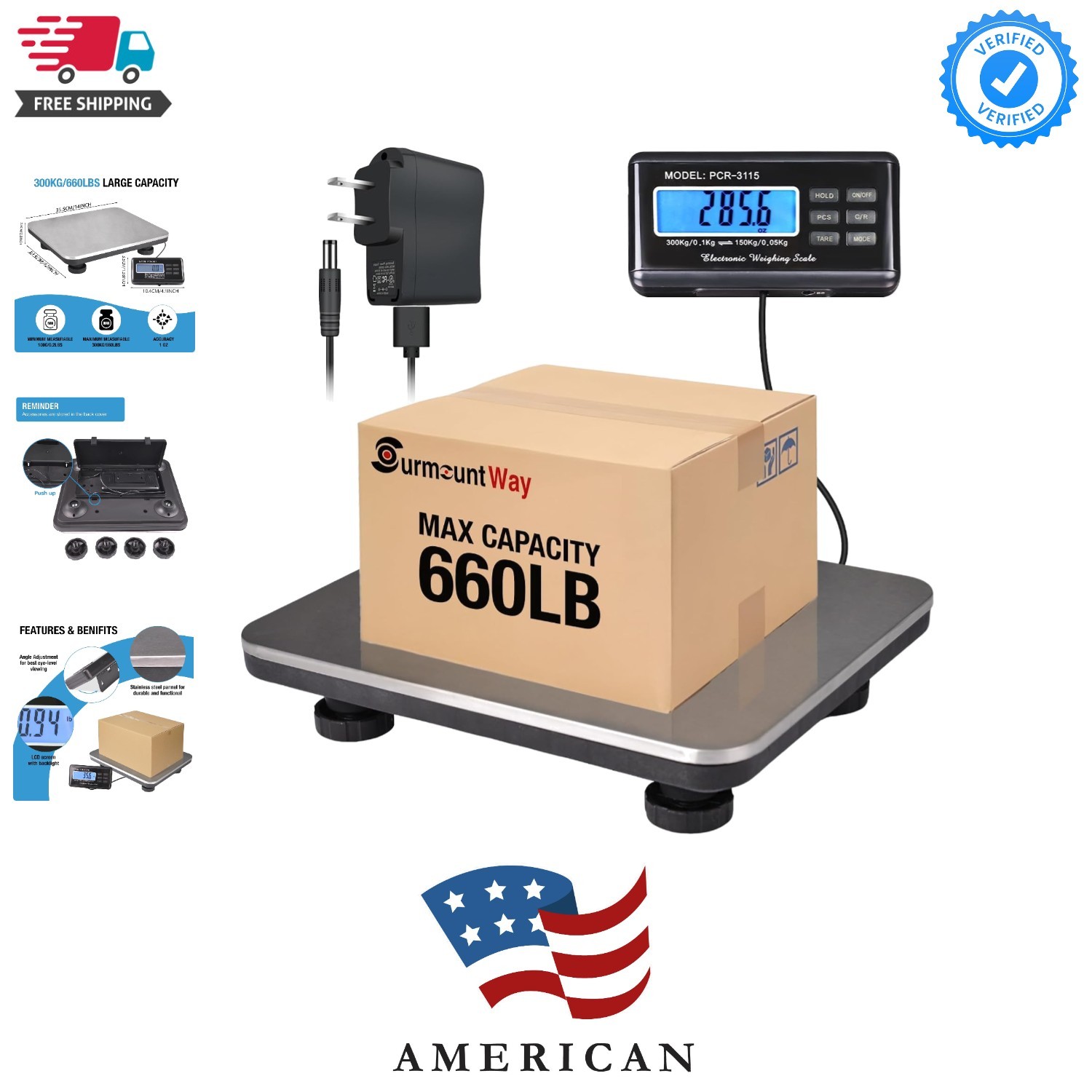 Shipping Scale 660lbs LCD Digital Platform Heavy Duty Portable Stainless Plat...