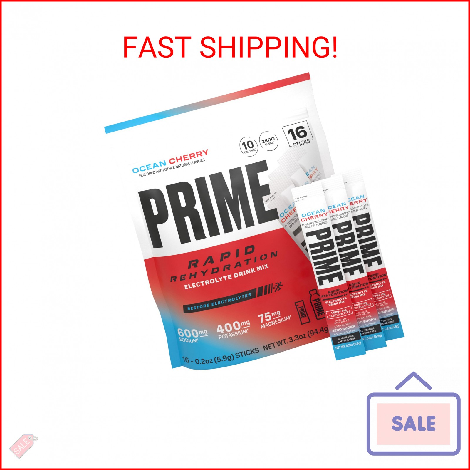Prime Rapid Rehydration Electrolyte Powder Sticks, Ocean Cherry, Sugar Free Hydr