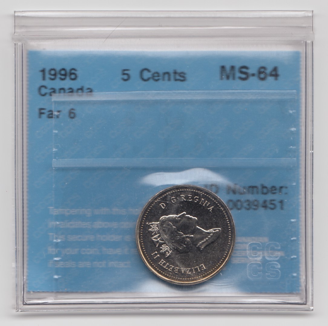 1996 Canada 5 Cents CCCS MS64 Far 6