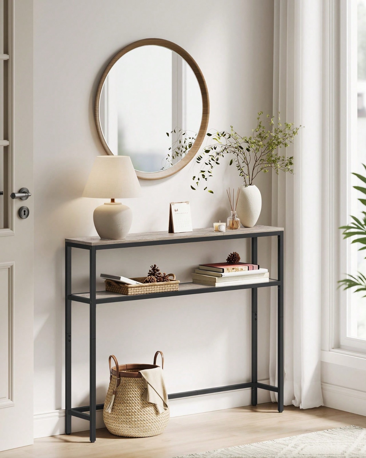 2 Tier Narrow Console Table With Steel Frame Storage Shelves Modern Entryway