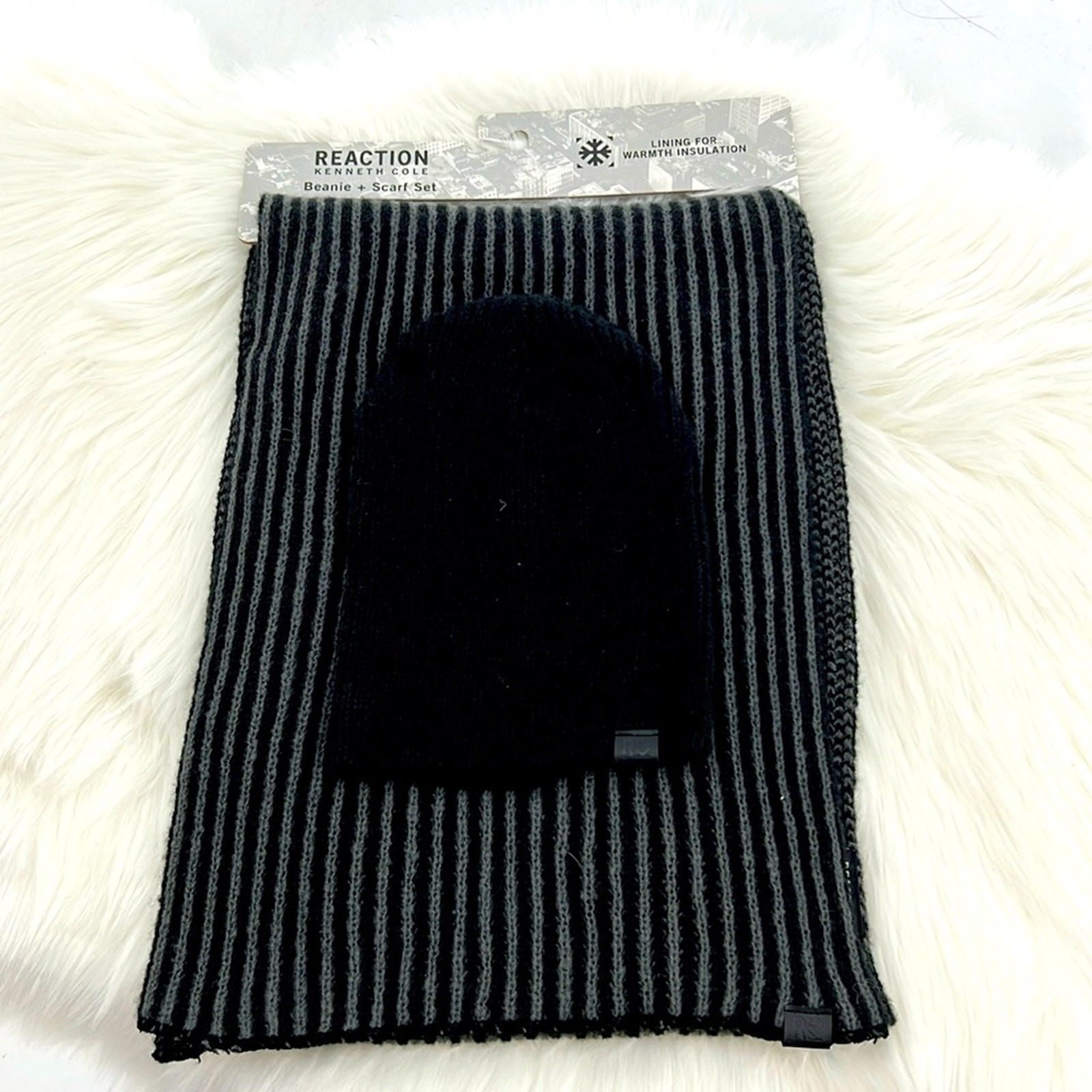 Kenneth Cole Reaction Men's Beanie & Scarf Set - Black/Gray - New with tags
