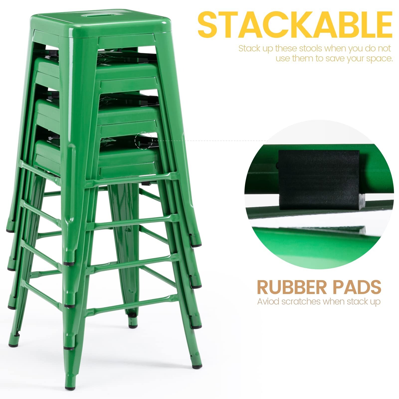 4Pcs Stackable Metal Bar Stools 24 Inch Height Barstools with Square Seat,Green