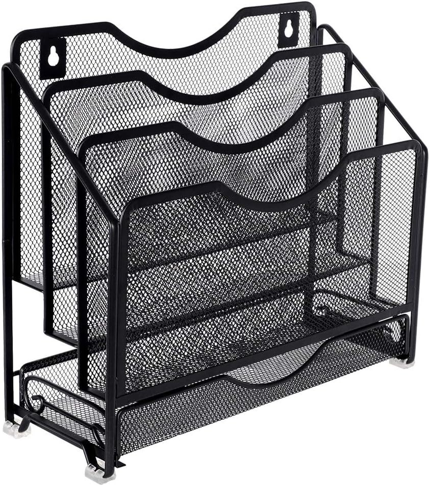Mesh Desk Paper Organizer Wall Hanging File Holder with 3 Racks Drawer
