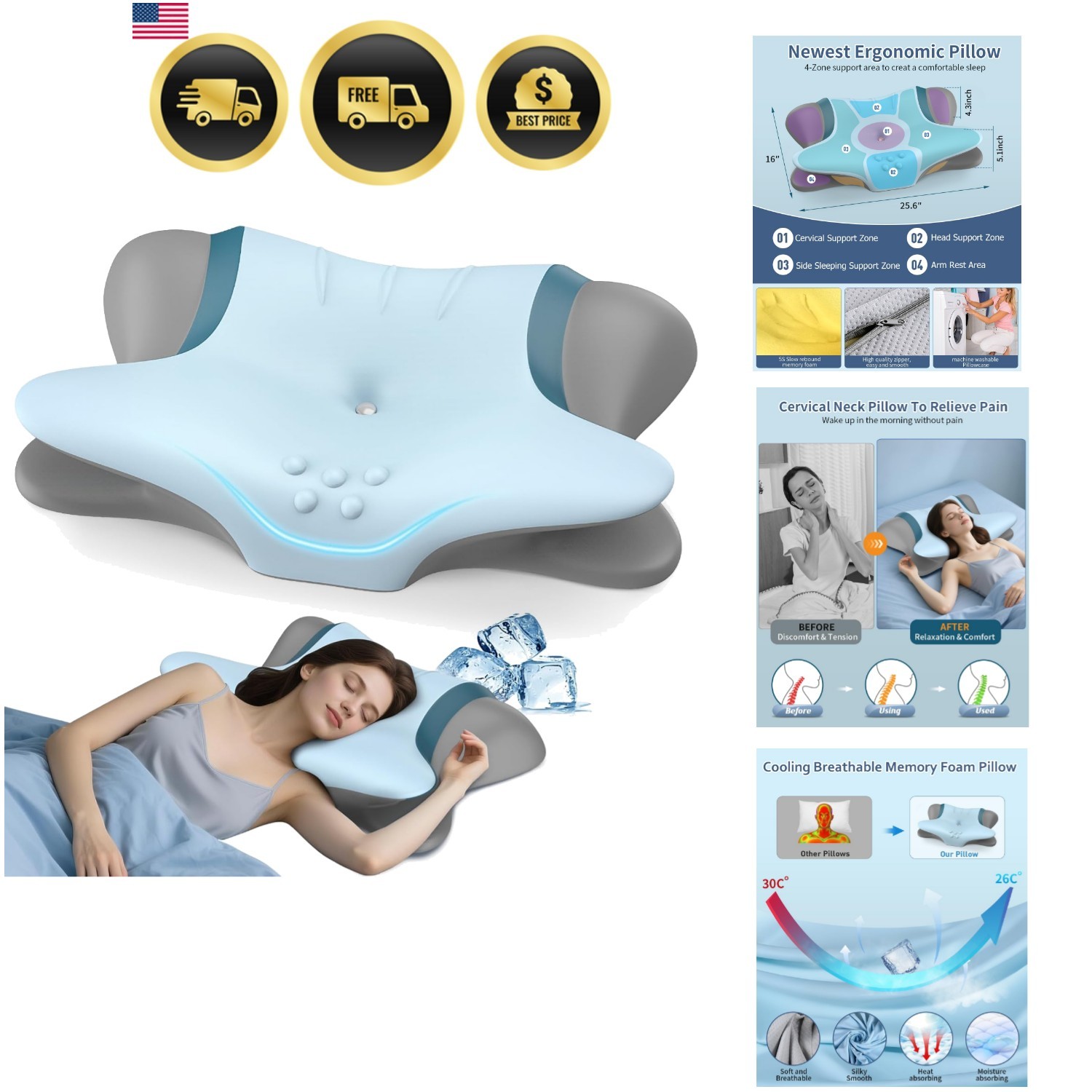 Neck Pillow for Pain Relief Cervical Sleep Support Memory Foam Orthopedic