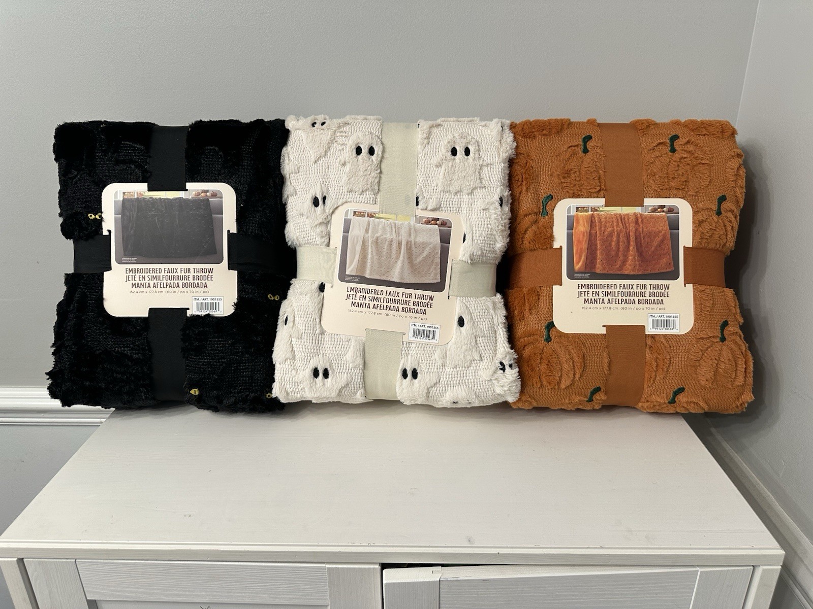 NEW Costco Halloween Faux Fur Throw Blanket Lot of 3 Ghost Cat Pumpkin 60x70in
