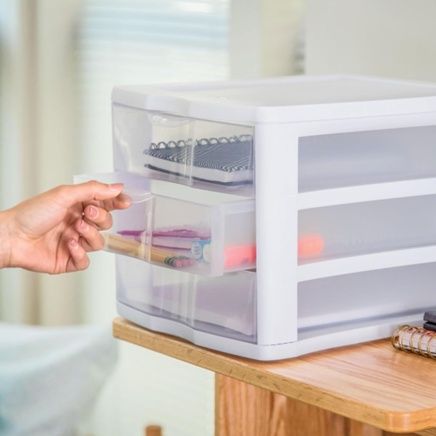 4-Pack 3 Drawer Unit, Stackable Plastic Organizer with Drawers, White Frame - Mu