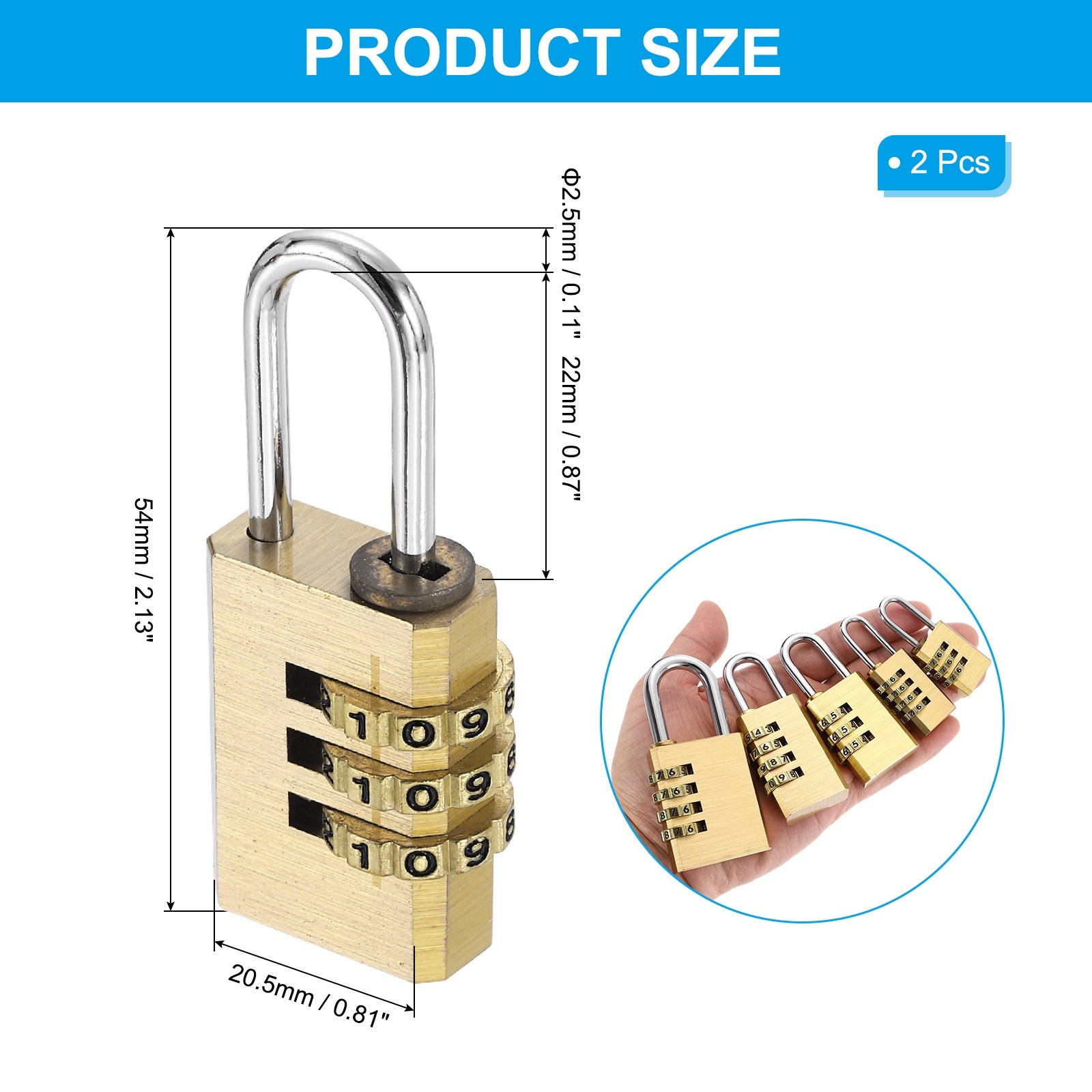 Brass Combination Lock 2.13", 2Pcs 3 Digit Resettable Combination Padlock Yellow