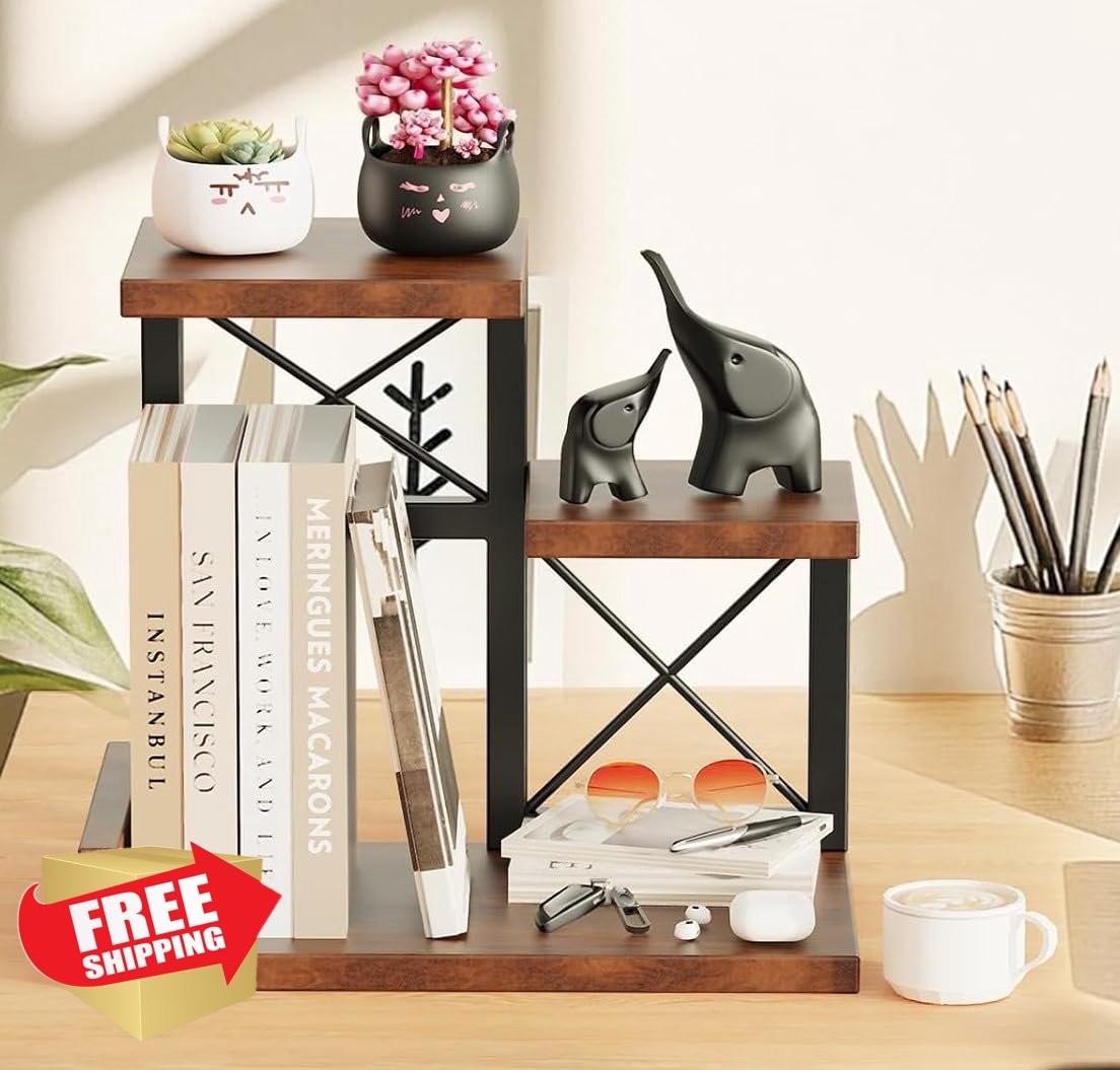 Abiglifty Wooden Desk Shelf Organizer 3 Tier - Brown Hutch Bookshelf