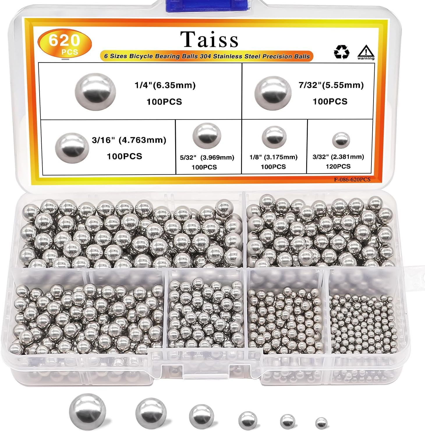 620PCS 304 Stainless Steel Precision Balls,Bicycle Bearing Balls Assortment Kit,
