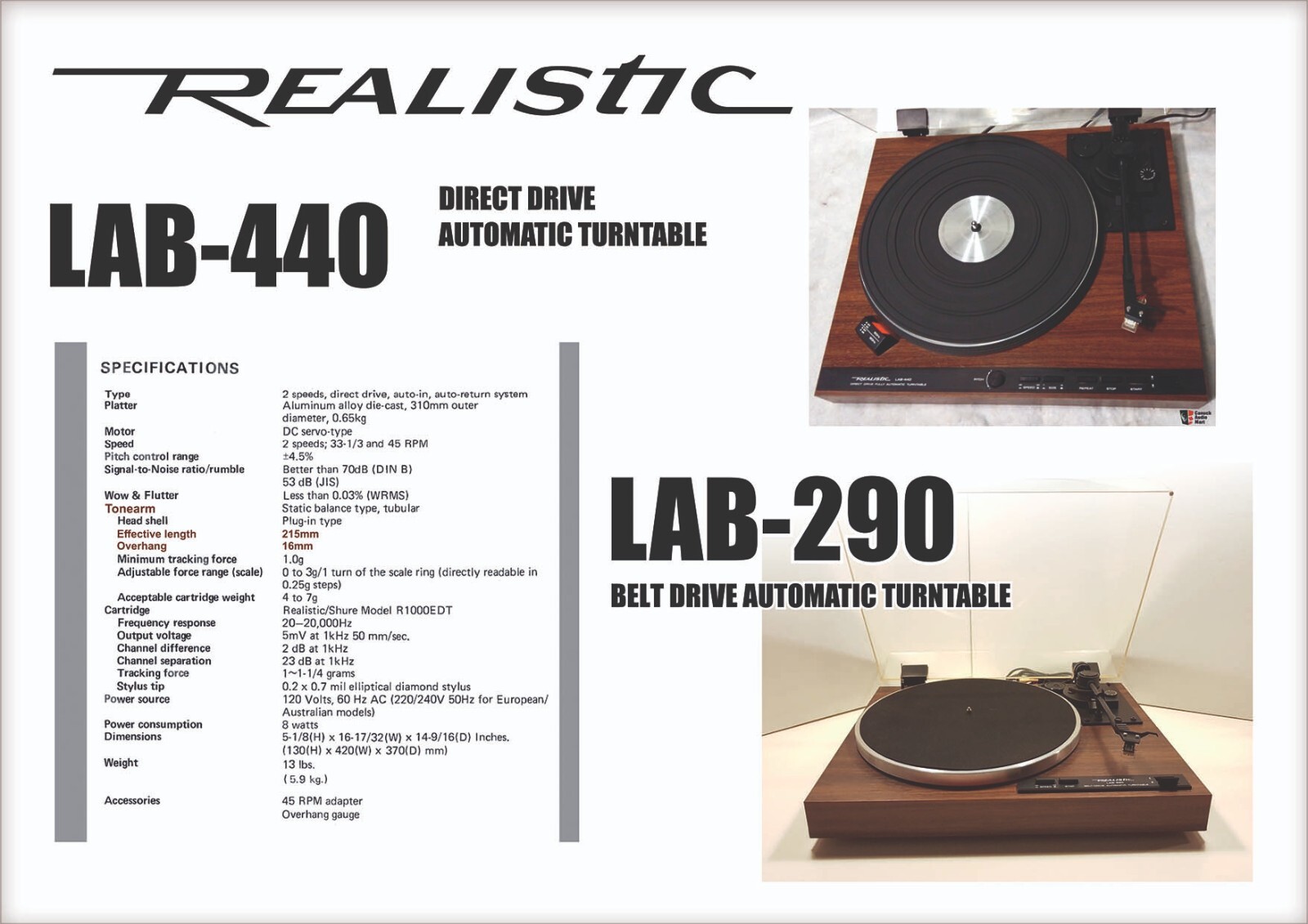 Realistic LAB-290/LAB-440 Custom Designed Tonearm Cartridge Alignment Protractor