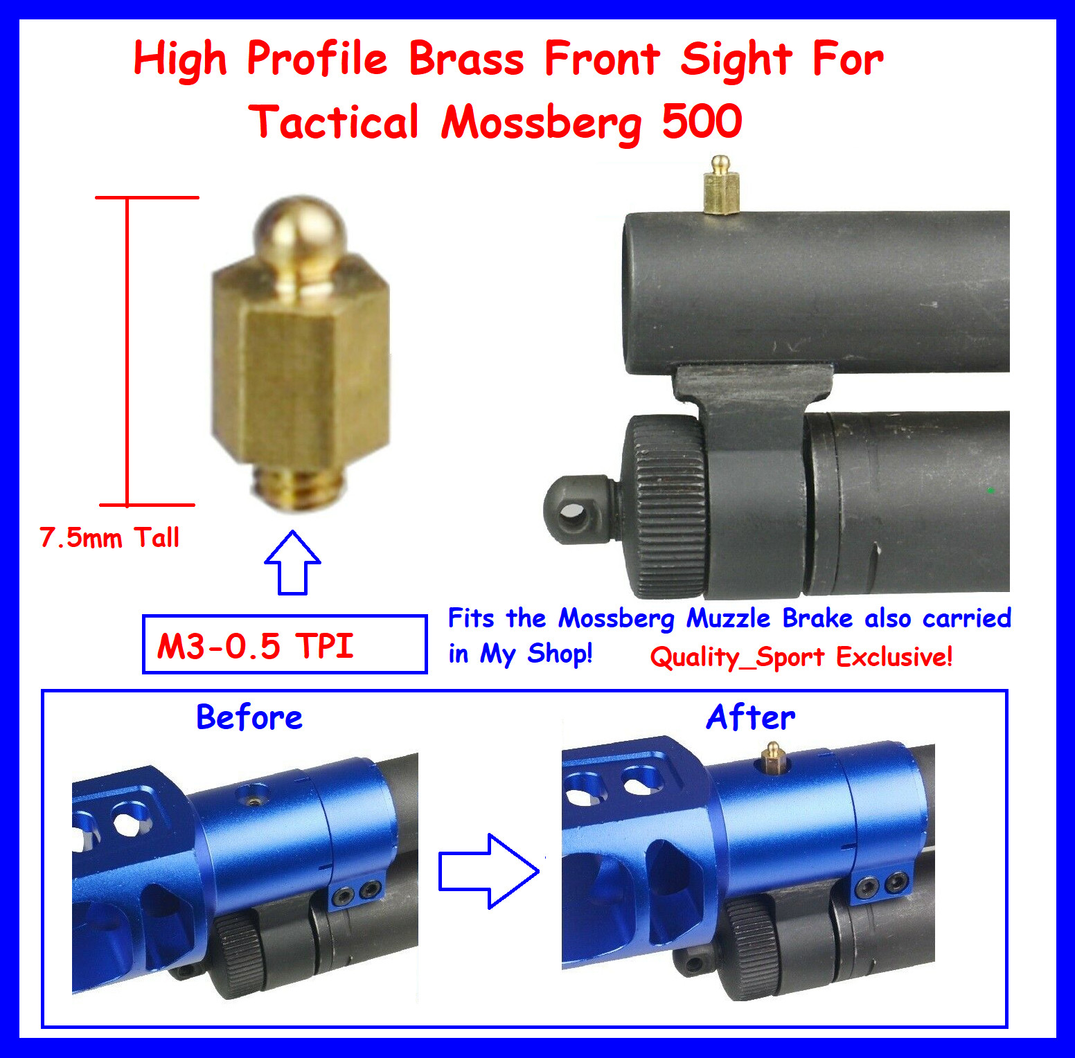 High Profile Brass Front Sight For Tactical Mossberg 500,  Height 7.5 mm