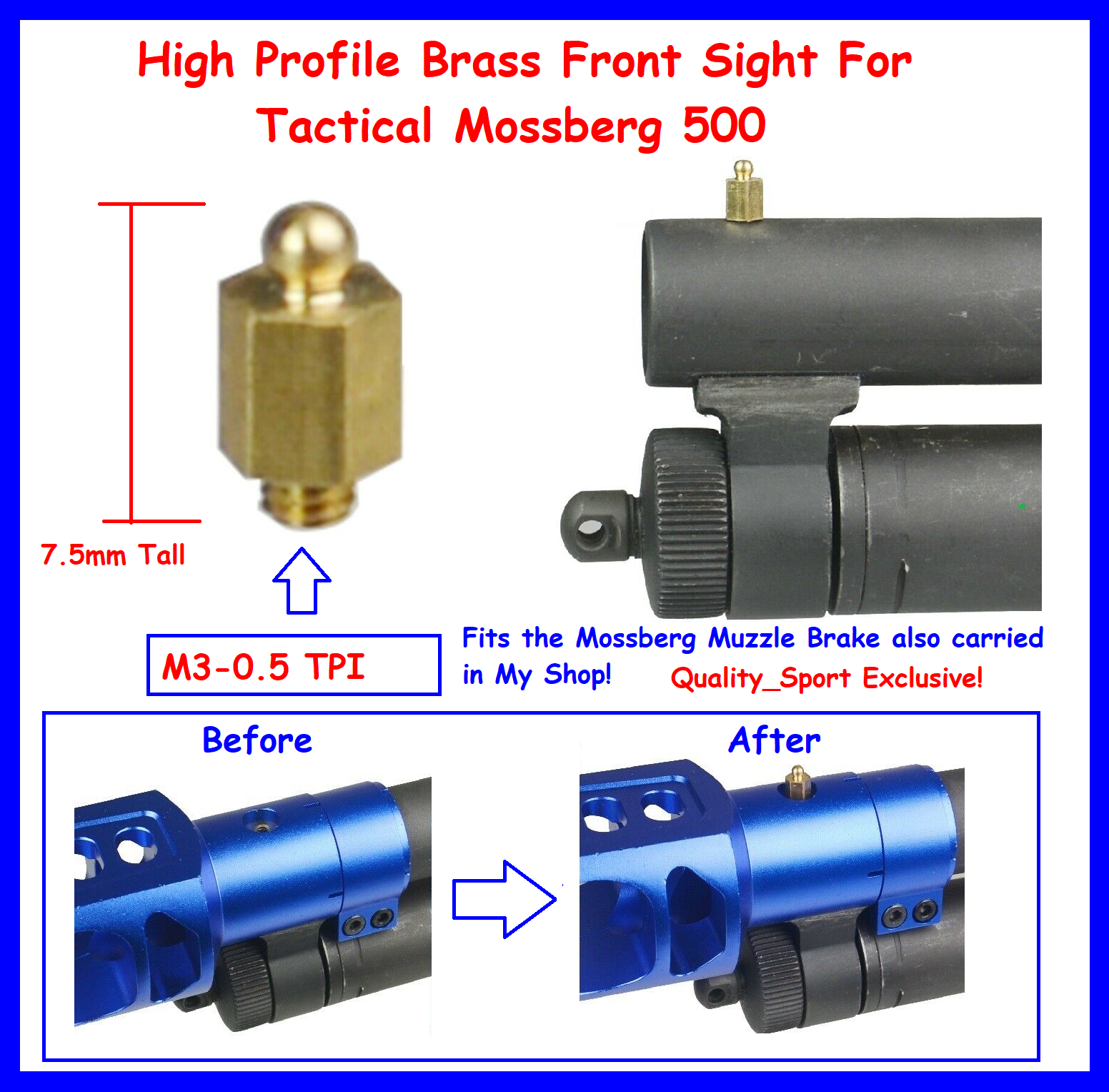 High Profile Brass Front Sight For Tactical Mossberg 500, Height 7.5 mm