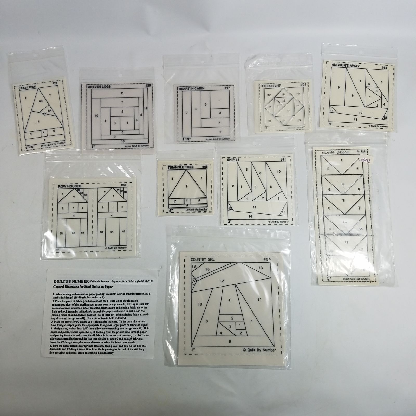 10 Sets Minature Paper Piecing Templates Quilt by Number Trees Boat Houses Etc