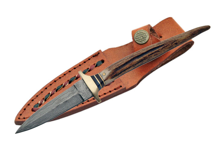 NEW! 8" Damascus Steel, Stag Tip Handle Boot Knife with Leather Sheath