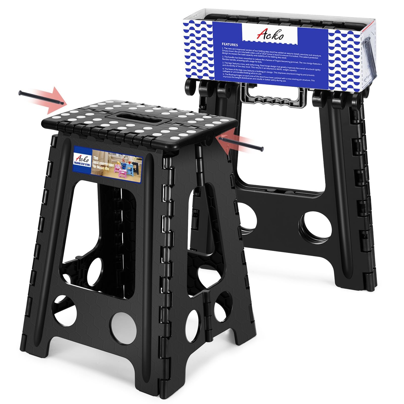 17.5 Inch Black Folding Step Stool 400 lbs Capacity for Adults Kids Kitchen