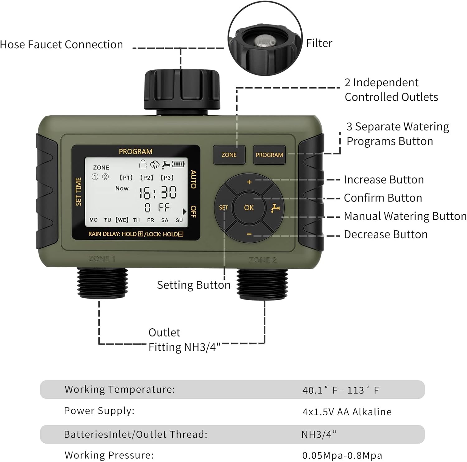 Sprinkler Timer 2 Zone Water Timer Outdoor Irrigation with Rain Delay for Garden