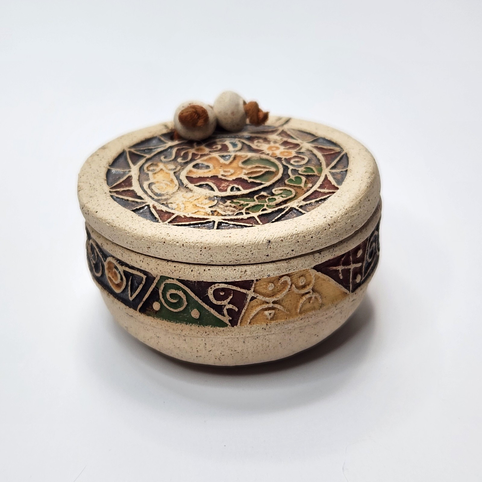 Small Hand Carved Round Clay Ttayo Venezuela Trinket Box