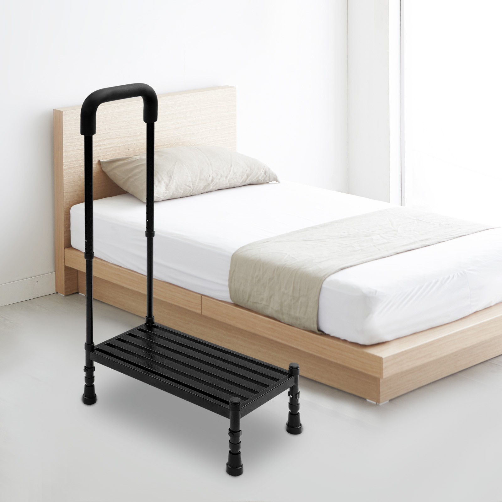 Black Floor Standing 1-Step Stool Adult Ramp with Handrail Metal Stepping Stool